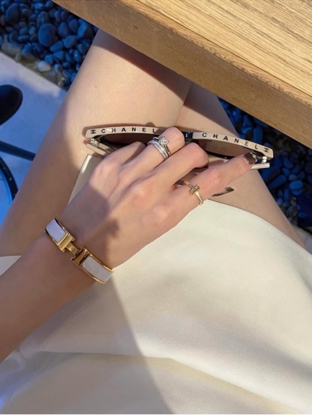 Hermes White and Gold Enamel H Logo Bracelet